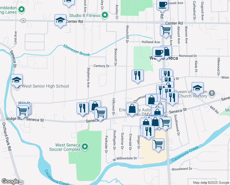 map of restaurants, bars, coffee shops, grocery stores, and more near Main Street & Boncroft Drive in Buffalo