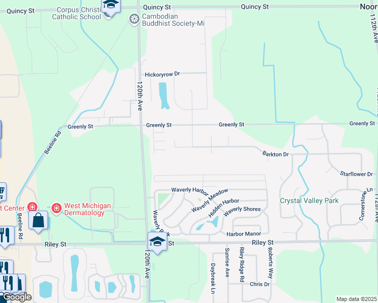 map of restaurants, bars, coffee shops, grocery stores, and more near 11830 Barkton Drive in Holland