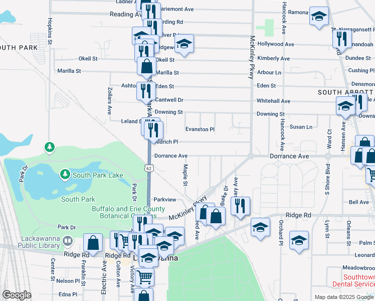 map of restaurants, bars, coffee shops, grocery stores, and more near 78 Dorrance Avenue in Buffalo