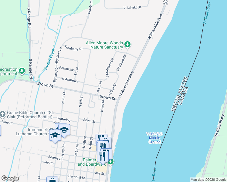map of restaurants, bars, coffee shops, grocery stores, and more near 990 North 2nd Street in Saint Clair