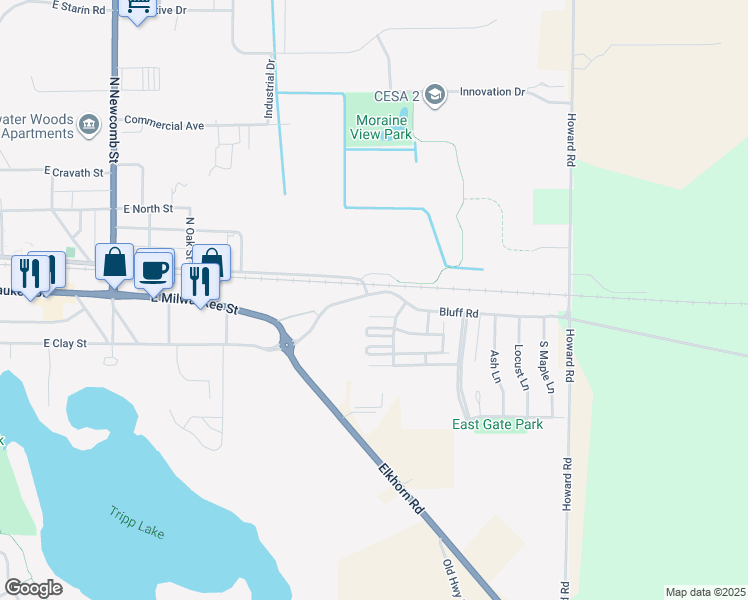 map of restaurants, bars, coffee shops, grocery stores, and more near 1169 E Bluff Rd in Whitewater