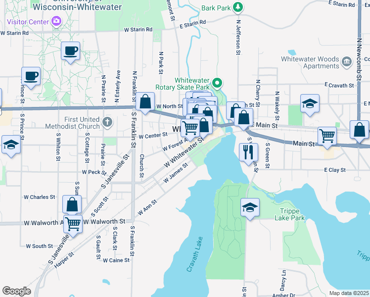 map of restaurants, bars, coffee shops, grocery stores, and more near 226 West Whitewater Street in Whitewater