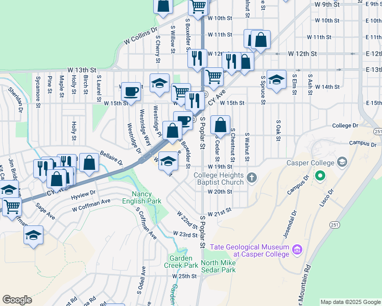 map of restaurants, bars, coffee shops, grocery stores, and more near 1819 South Boxelder Street in Casper