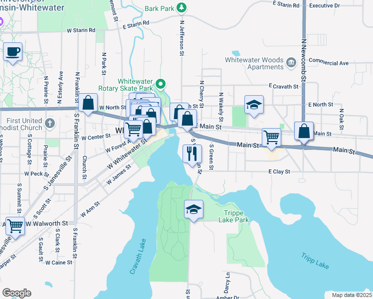 map of restaurants, bars, coffee shops, grocery stores, and more near 238 South Wisconsin Street in Whitewater