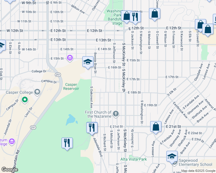 map of restaurants, bars, coffee shops, grocery stores, and more near 1700-1798 S Mitchell St in Casper