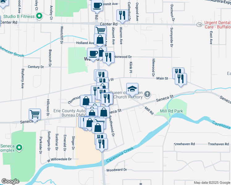 map of restaurants, bars, coffee shops, grocery stores, and more near 94 Ebenezer Drive in Buffalo