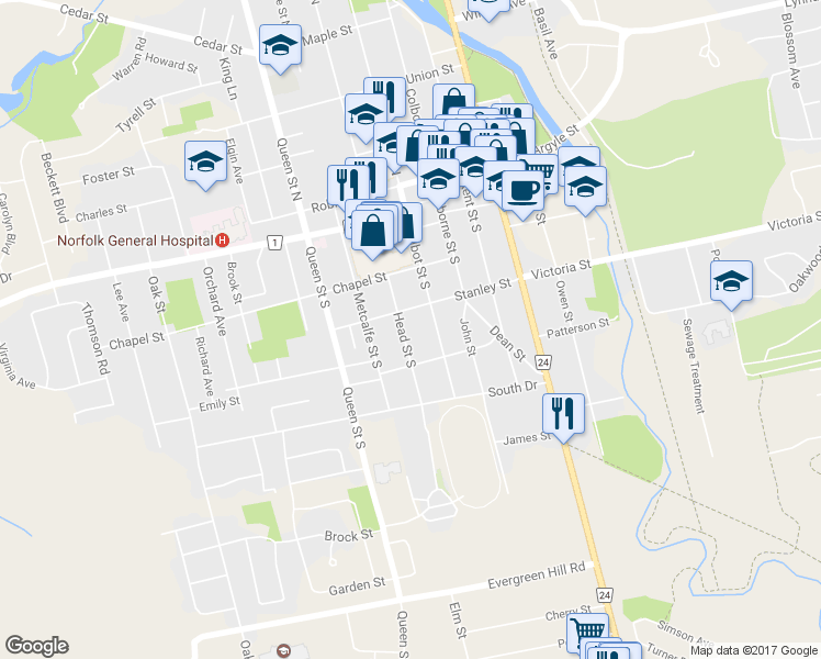 map of restaurants, bars, coffee shops, grocery stores, and more near 173 Head Street South in Simcoe