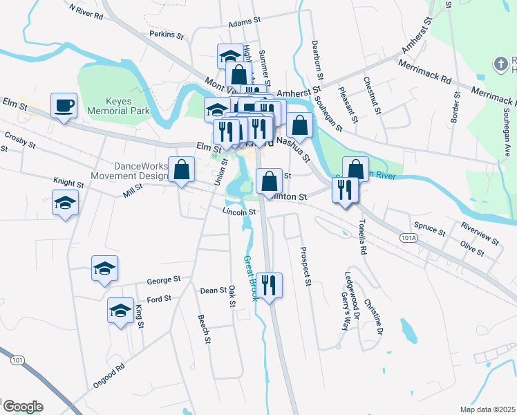 map of restaurants, bars, coffee shops, grocery stores, and more near 177 South Street in Milford