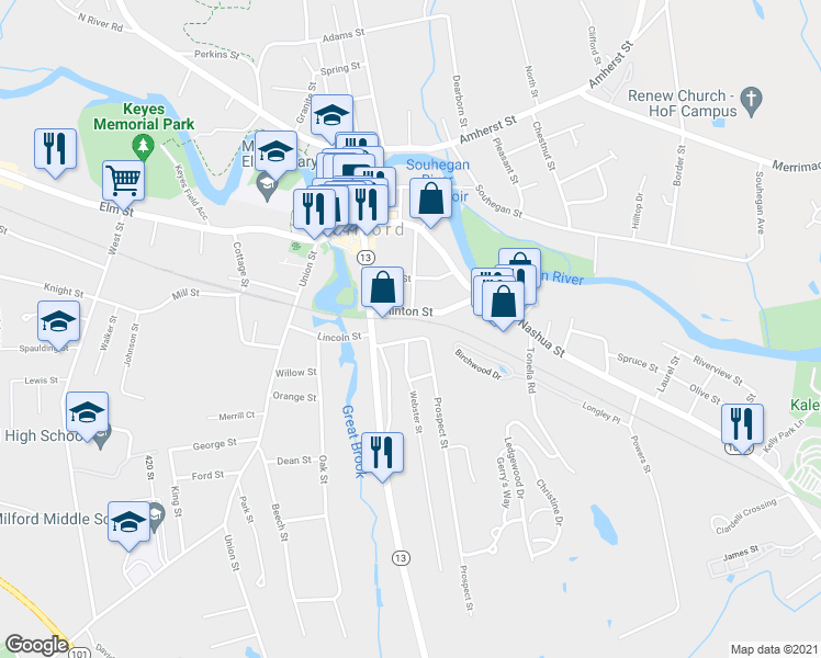 map of restaurants, bars, coffee shops, grocery stores, and more near 6 Prospect Street in Milford