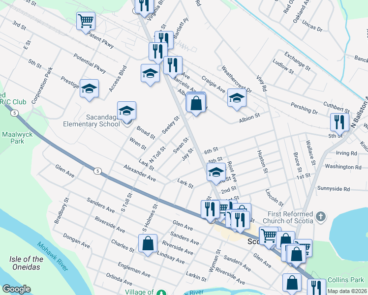 map of restaurants, bars, coffee shops, grocery stores, and more near 204 Swan Street in Scotia