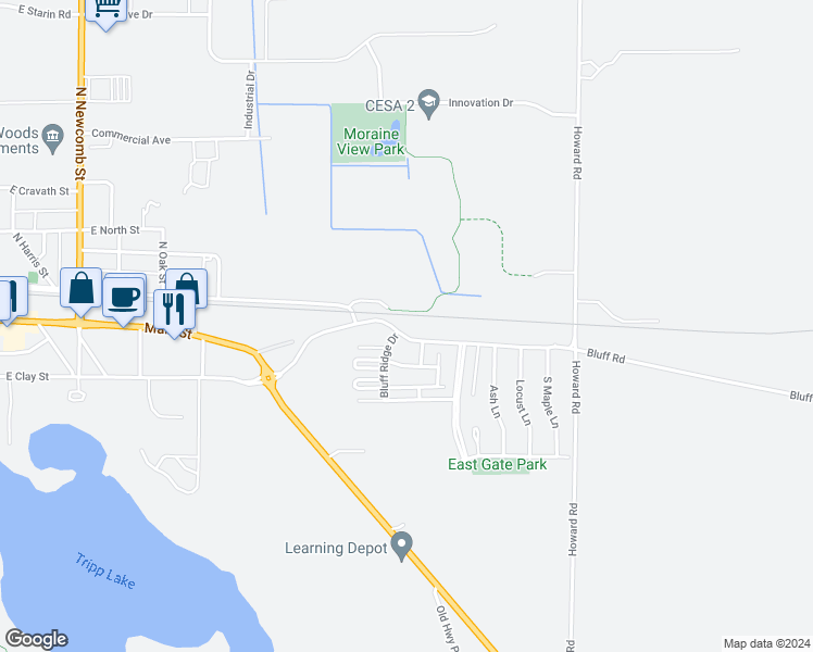 map of restaurants, bars, coffee shops, grocery stores, and more near 1169 E Bluff Rd in Whitewater