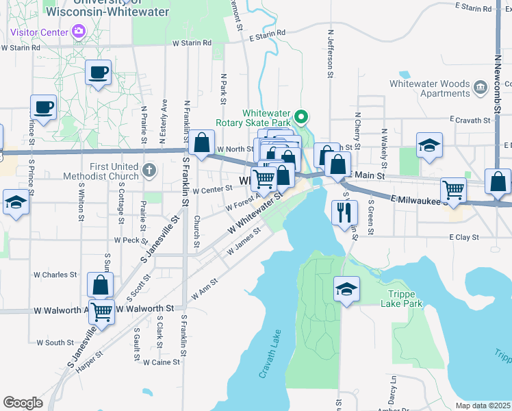map of restaurants, bars, coffee shops, grocery stores, and more near 162 West Whitewater Street in Whitewater
