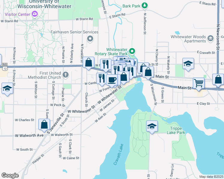 map of restaurants, bars, coffee shops, grocery stores, and more near 226 West Whitewater Street in Whitewater