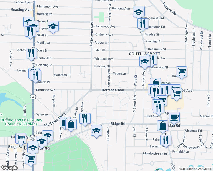 map of restaurants, bars, coffee shops, grocery stores, and more near 18 Hancock Avenue in Buffalo
