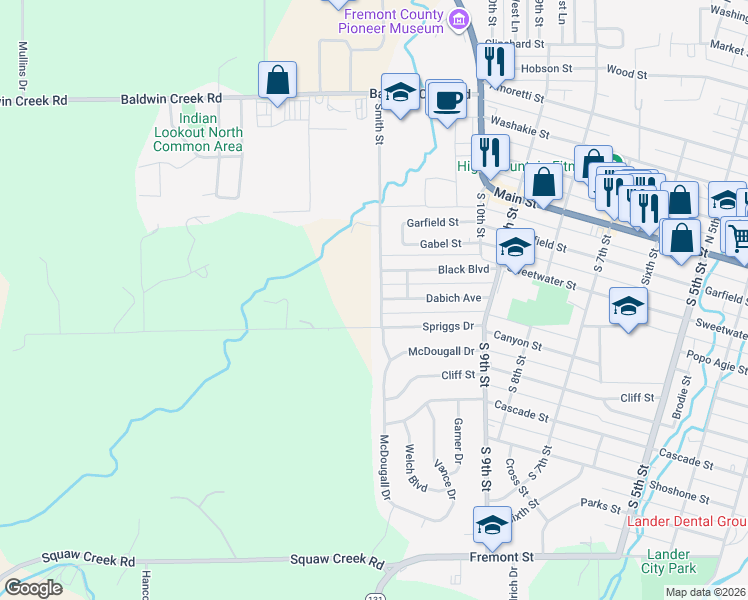 map of restaurants, bars, coffee shops, grocery stores, and more near 415 Smith St in Lander