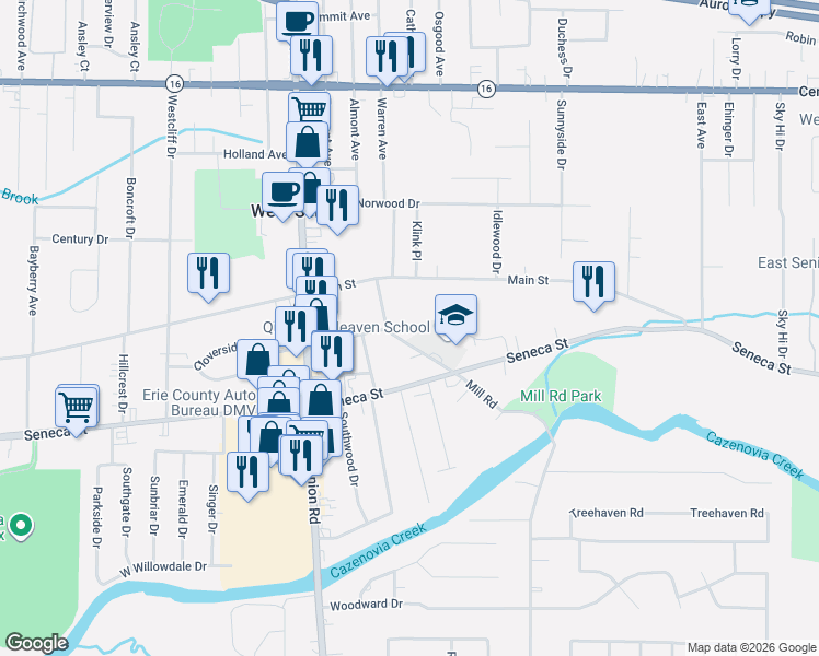 map of restaurants, bars, coffee shops, grocery stores, and more near 887 Mill Road in Buffalo