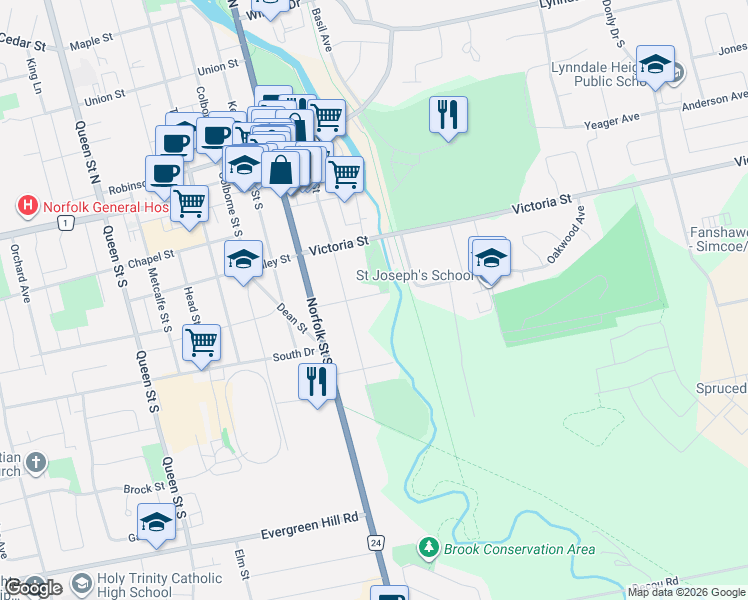 map of restaurants, bars, coffee shops, grocery stores, and more near 78 Patterson Street in Simcoe