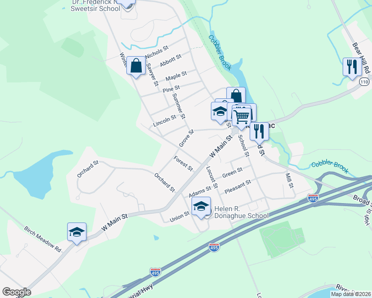 map of restaurants, bars, coffee shops, grocery stores, and more near 13 Woodland Street in Merrimac