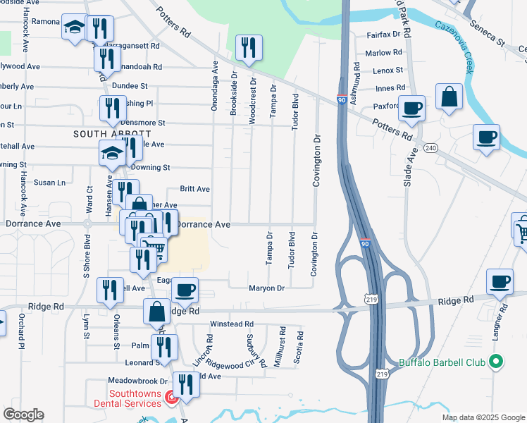 map of restaurants, bars, coffee shops, grocery stores, and more near 221 Tampa Drive in Buffalo