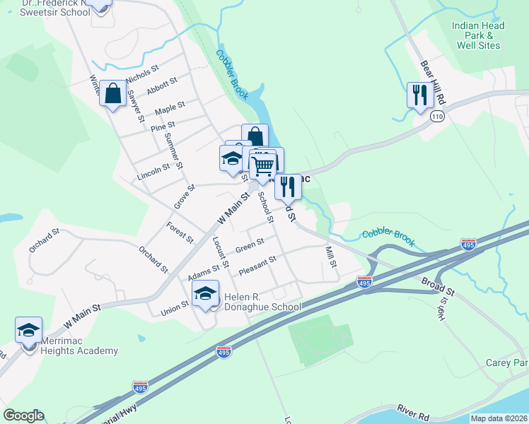 map of restaurants, bars, coffee shops, grocery stores, and more near 27 School Street in Merrimac