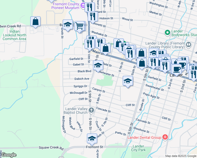 map of restaurants, bars, coffee shops, grocery stores, and more near 615 Popo Agie Street in Lander