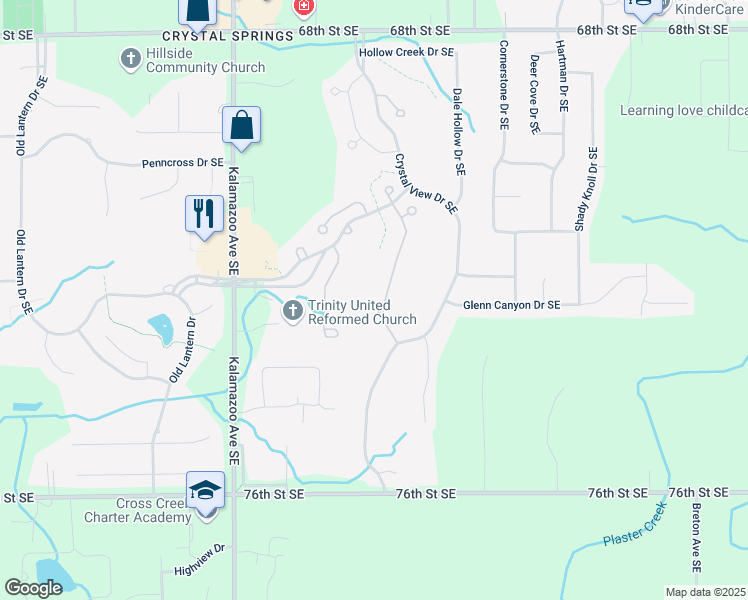map of restaurants, bars, coffee shops, grocery stores, and more near 7269 Misty Morning Drive Southeast in Caledonia
