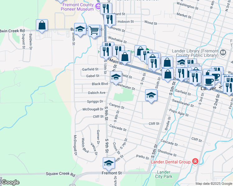 map of restaurants, bars, coffee shops, grocery stores, and more near 615 Popo Agie Street in Lander