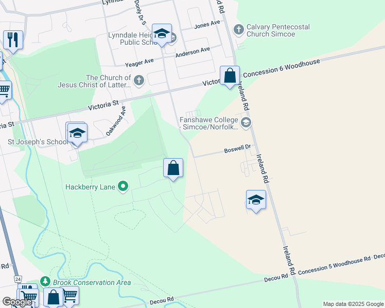 map of restaurants, bars, coffee shops, grocery stores, and more near 228 Donly Drive South in Simcoe