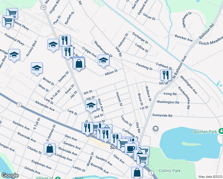 map of restaurants, bars, coffee shops, grocery stores, and more near 208 5th Street in Scotia