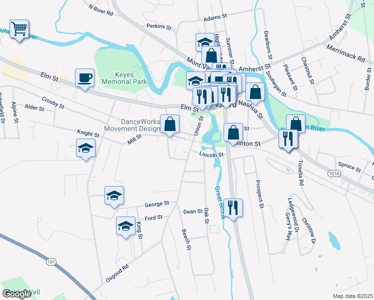 map of restaurants, bars, coffee shops, grocery stores, and more near 41 Union Street in Milford