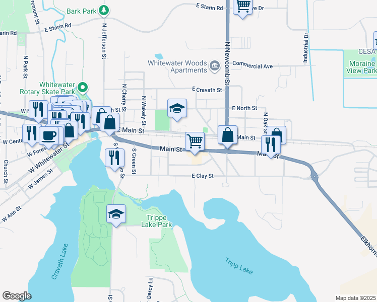 map of restaurants, bars, coffee shops, grocery stores, and more near 535 East Milwaukee Street in Whitewater