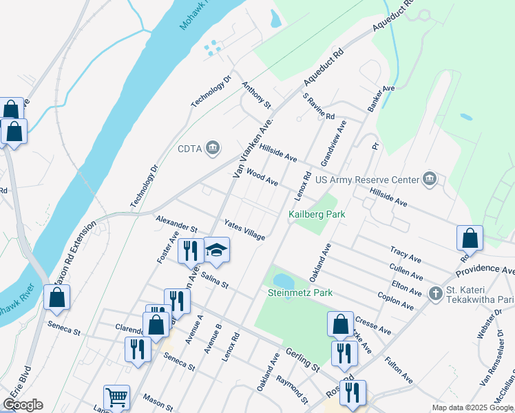 map of restaurants, bars, coffee shops, grocery stores, and more near 34 Van Vranken Avenue in Schenectady