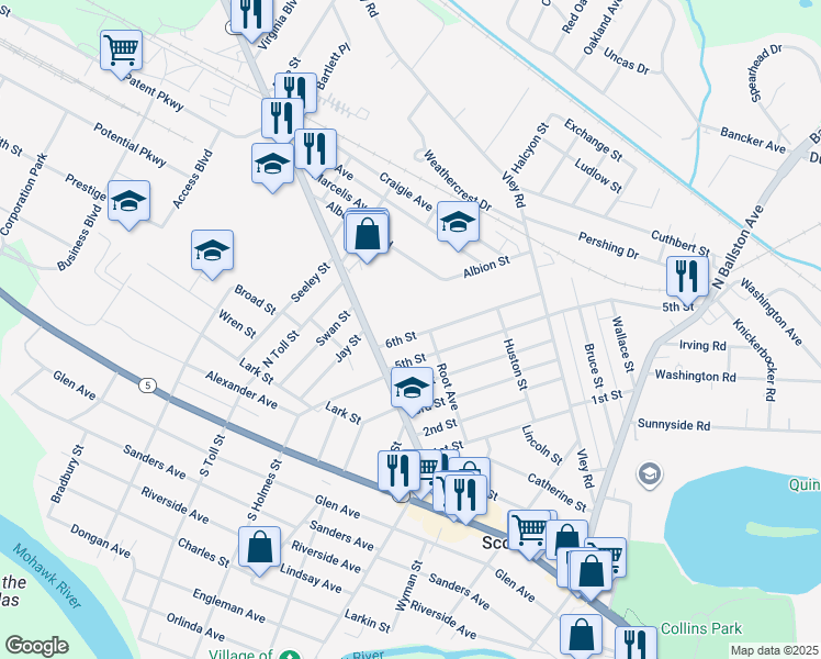 map of restaurants, bars, coffee shops, grocery stores, and more near 168 6th Street in Scotia