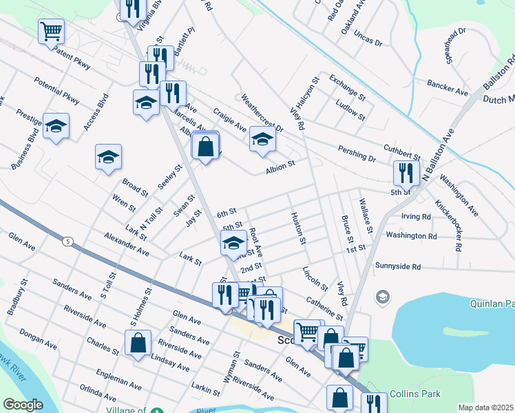 map of restaurants, bars, coffee shops, grocery stores, and more near 145 6th Street in Scotia