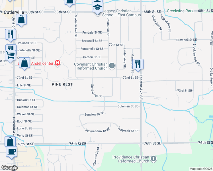 map of restaurants, bars, coffee shops, grocery stores, and more near 575 Sun Valley Court Southeast in Grand Rapids