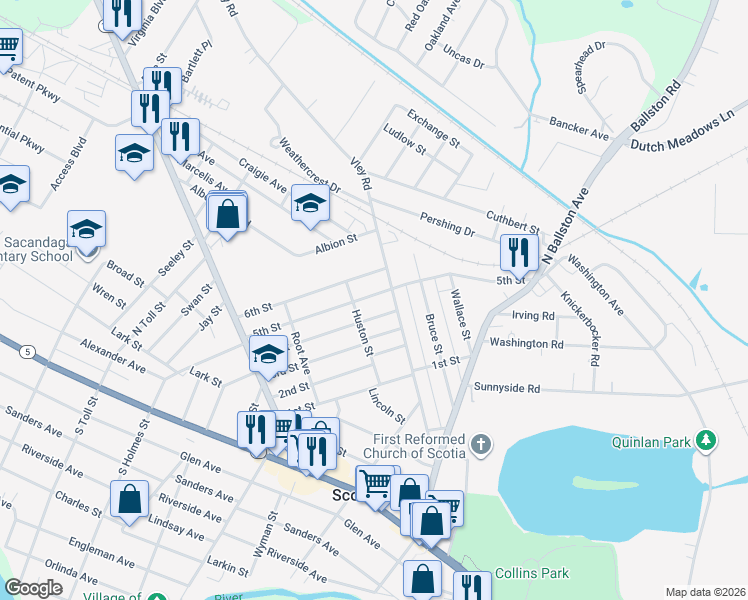 map of restaurants, bars, coffee shops, grocery stores, and more near 109 5th Street in Scotia