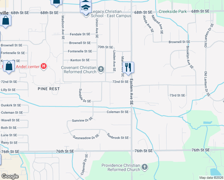 map of restaurants, bars, coffee shops, grocery stores, and more near 7246 Willard Avenue Southeast in Grand Rapids