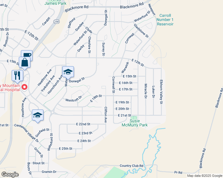 map of restaurants, bars, coffee shops, grocery stores, and more near 1710 Cornwall Street in Casper