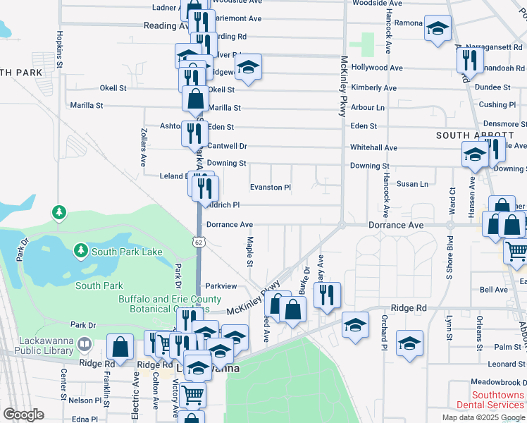 map of restaurants, bars, coffee shops, grocery stores, and more near 78 Dorrance Avenue in Buffalo