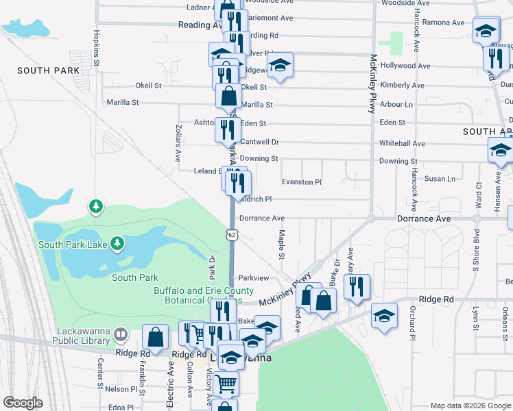 map of restaurants, bars, coffee shops, grocery stores, and more near 47 Aldrich Place in Buffalo