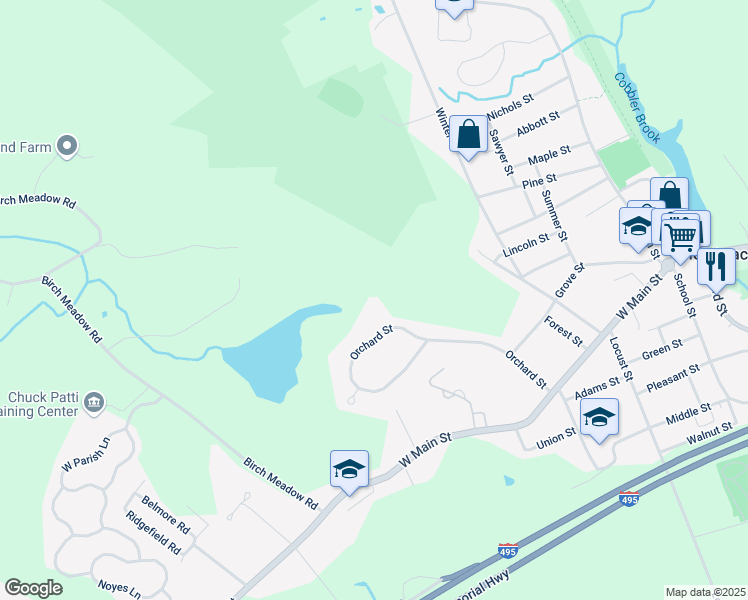 map of restaurants, bars, coffee shops, grocery stores, and more near 36 Orchard Street in Merrimac