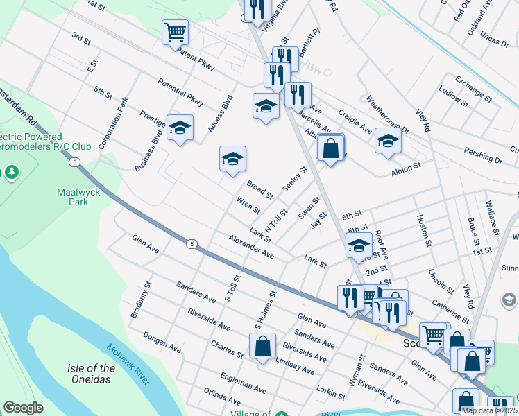 map of restaurants, bars, coffee shops, grocery stores, and more near 204 Wren Street in Scotia