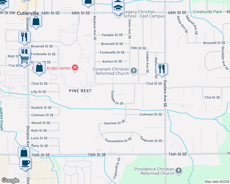 map of restaurants, bars, coffee shops, grocery stores, and more near 7248 Sundale Drive Southeast in Grand Rapids