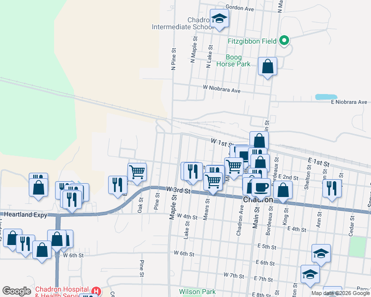 map of restaurants, bars, coffee shops, grocery stores, and more near 101-177 Lake Street in Chadron