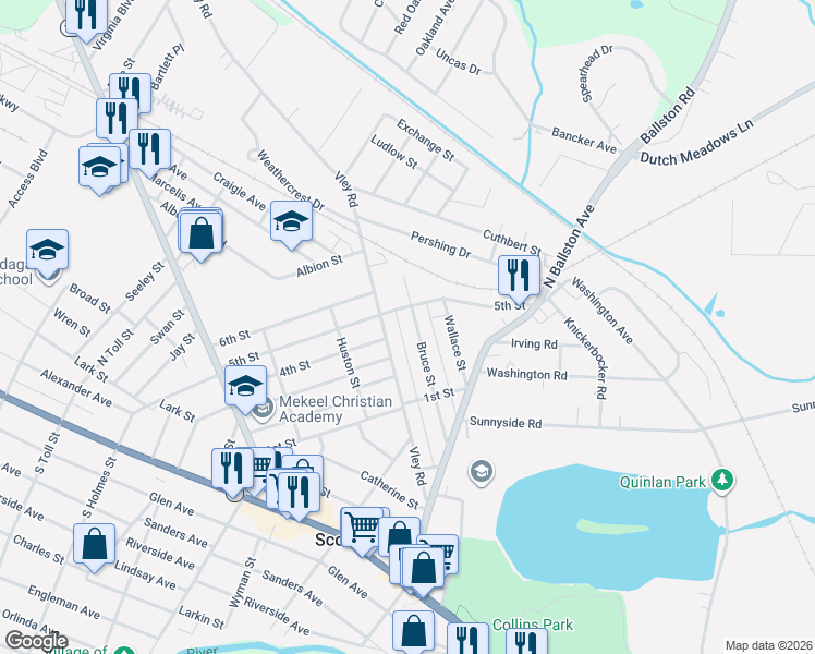map of restaurants, bars, coffee shops, grocery stores, and more near 136 Vley Road in Scotia