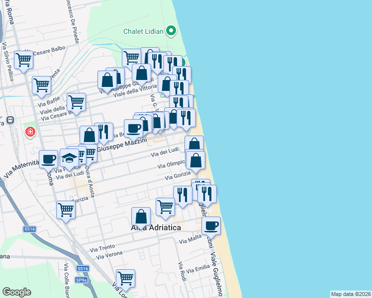 map of restaurants, bars, coffee shops, grocery stores, and more near 6-10 Via dei Ludi in Alba Adriatica