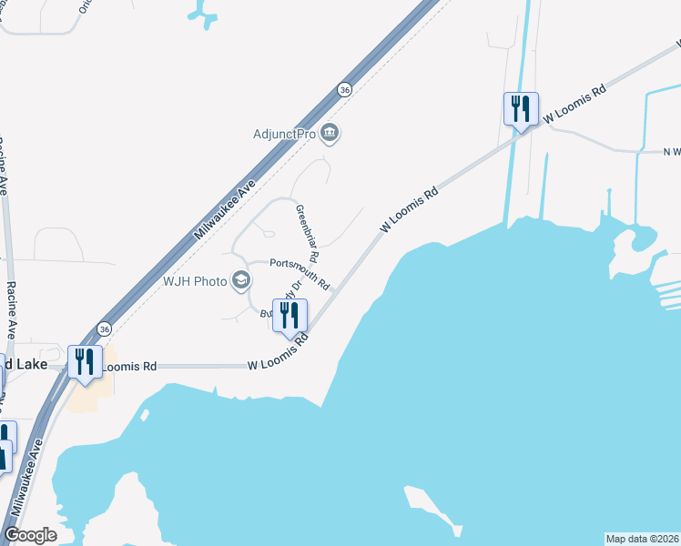 map of restaurants, bars, coffee shops, grocery stores, and more near 25402 West Loomis Road in Wind Lake