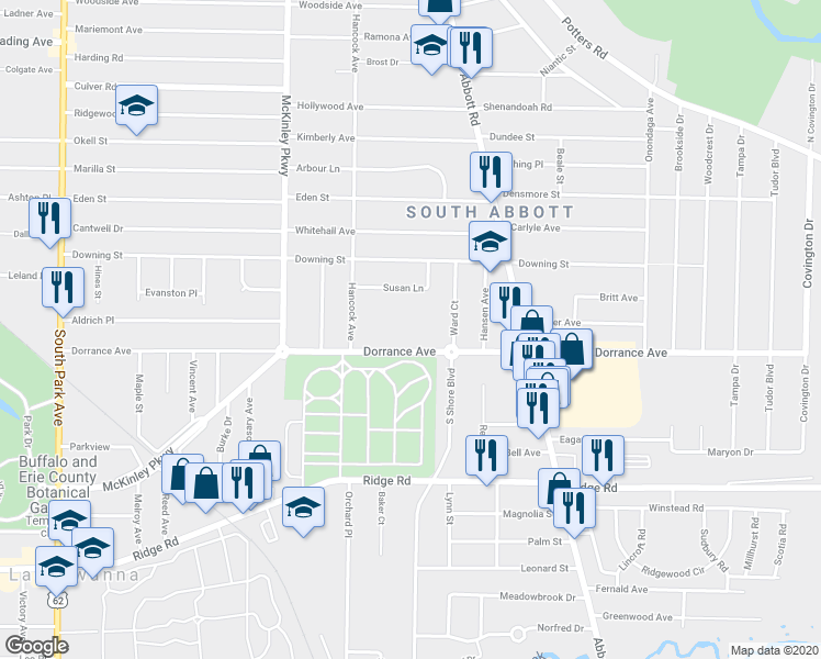 map of restaurants, bars, coffee shops, grocery stores, and more near 300 Dorrance Avenue in Buffalo
