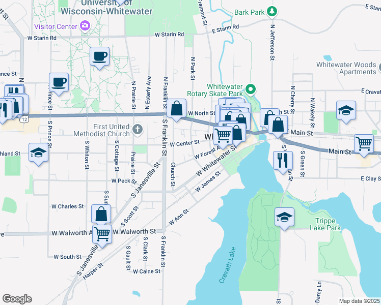 map of restaurants, bars, coffee shops, grocery stores, and more near 220 South 4th Street in Whitewater