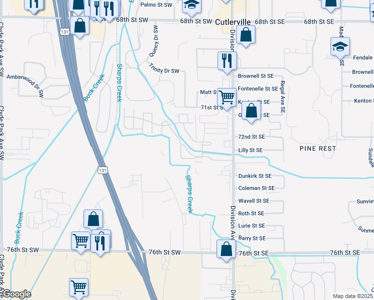 map of restaurants, bars, coffee shops, grocery stores, and more near 156 Wallasey Drive Southwest in Grand Rapids